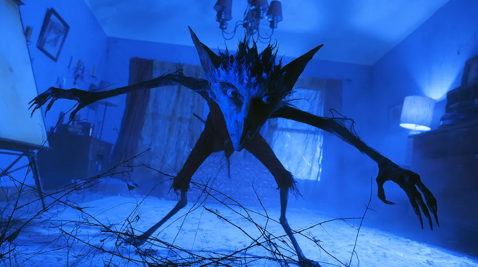 A thin creature with long clawed fingers crouches in a bedroom lit blue at night