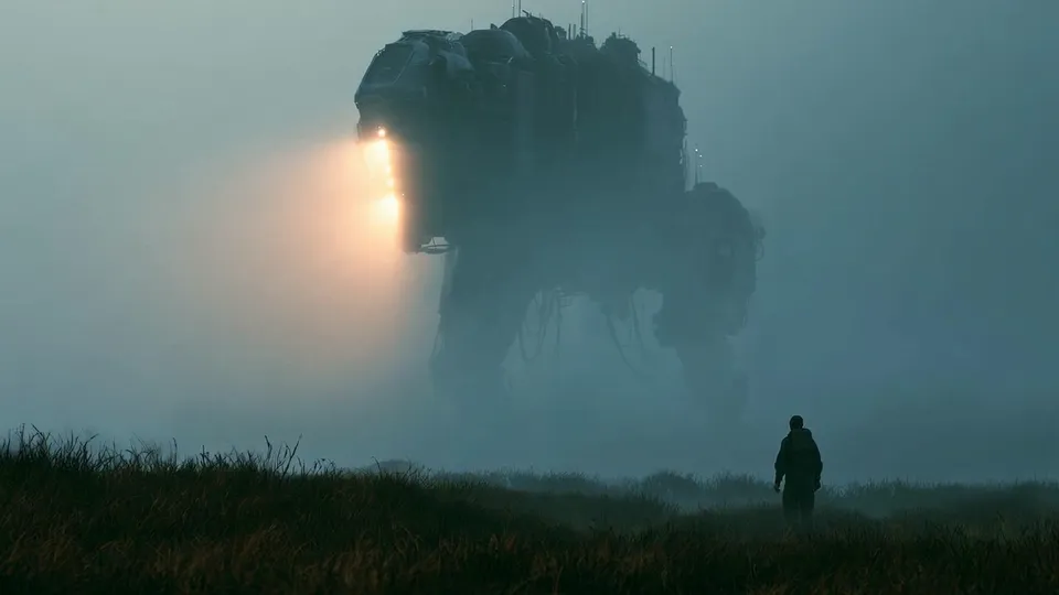 A man in tall grass watches a giant walking shape with a searchlight in thick blue fog