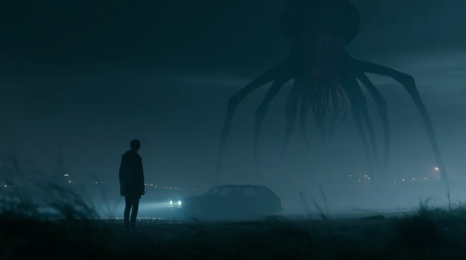 A lone figure stands by a car in a foggy field at night as a giant creature with long legs looms above