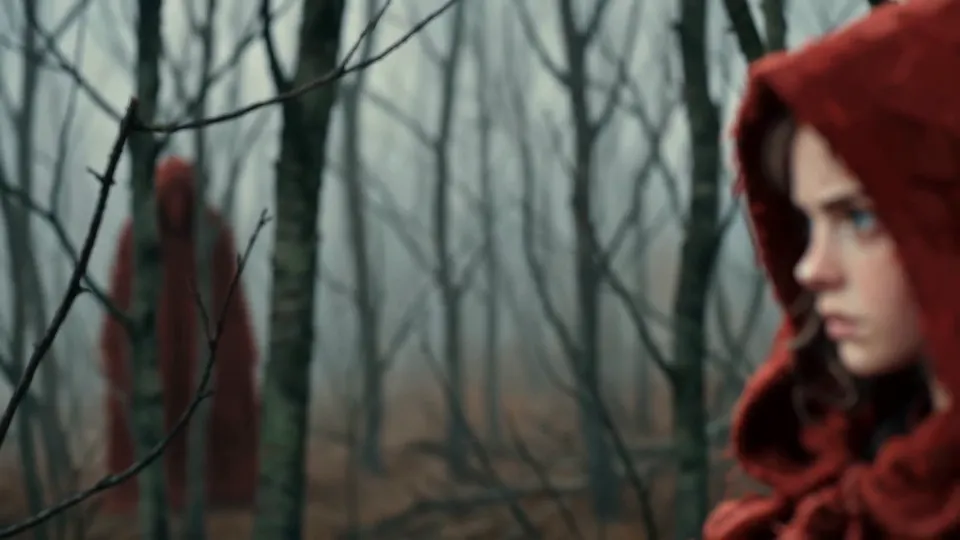 A girl in a red hood in a bare forest, a blurred figure in a red cloak standing among the trees behind her