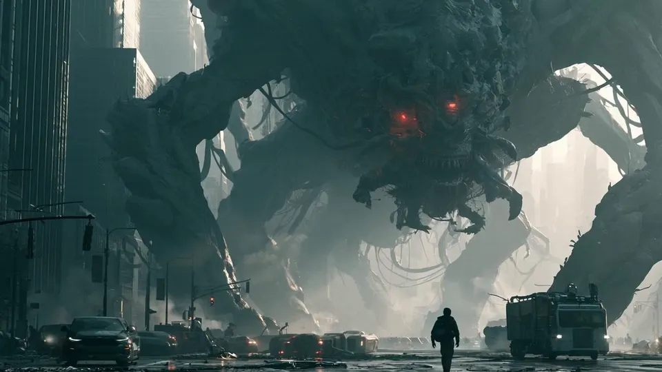 A colossal tentacled creature with red eyes crawls between towers as a lone man walks down a wet avenue