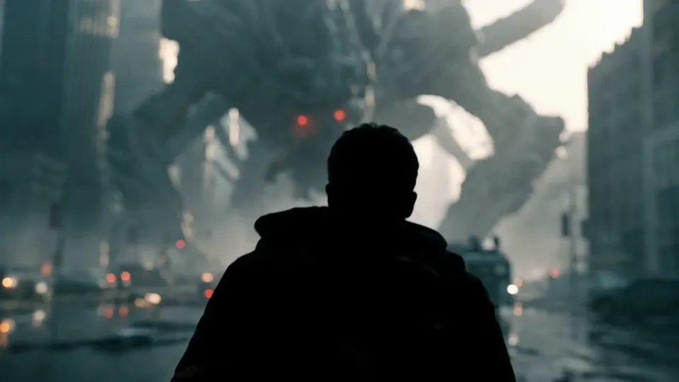 Silhouette of a man seen from behind, facing a giant creature blurred in the fog between buildings