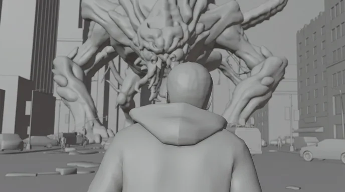 Storyboard frame of the same over-the-shoulder shot, in grey