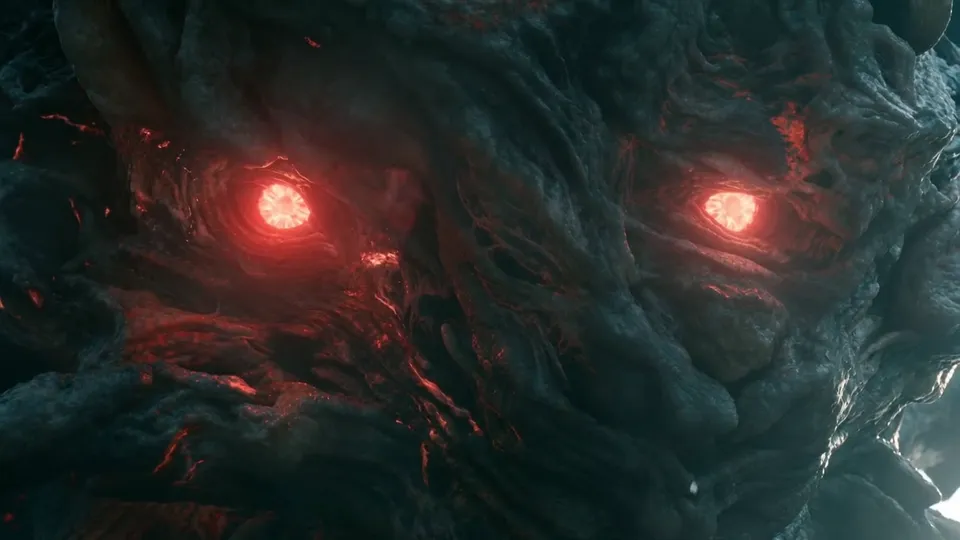 Extreme close-up of a creature's face with two glowing red eyes and red veins in its dark hide