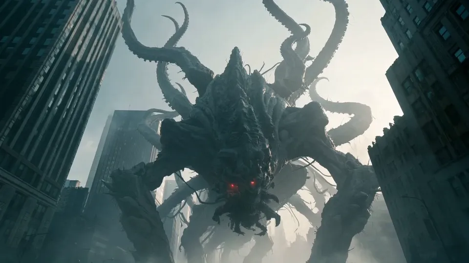 Low angle between two skyscrapers on a giant creature rearing with its tentacles raised