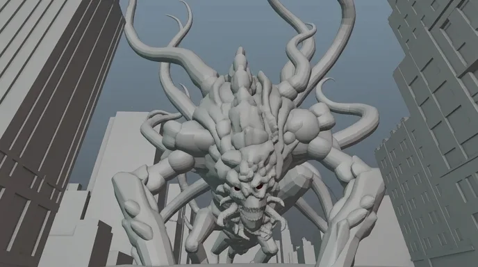 Storyboard frame of the same low angle, in grey