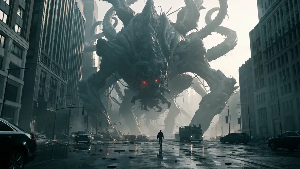 Wide symmetrical view of an avenue with a tiny man facing a giant creature at the far end