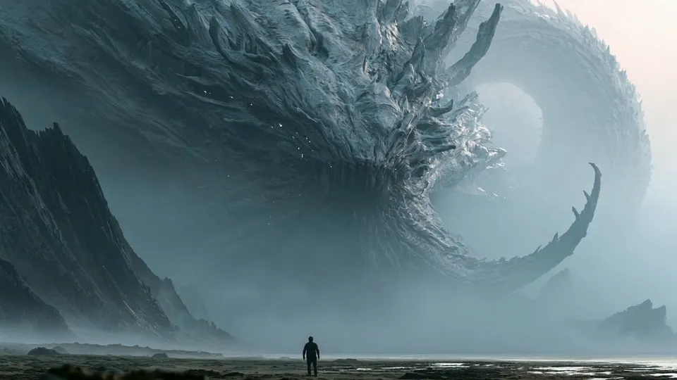 A tiny hooded figure on a misty shore before a gigantic coiled serpent-like creature