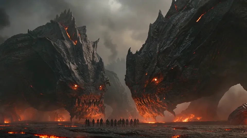 Two gigantic lava beasts with glowing eyes loom over a line of tiny soldiers on a volcanic plain