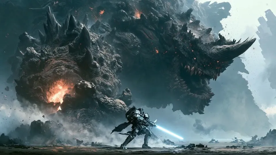 An armoured warrior with a glowing blue blade faces a colossal horned creature amid flying rocks