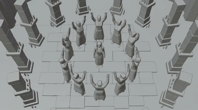 真上から見たダンサーの輪の絵コンテ(グレー)