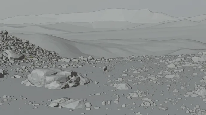 Storyboard frame of the same extreme wide, in grey
