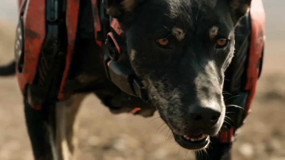 Close-up of a black dog in armour staring into the lens, teeth showing