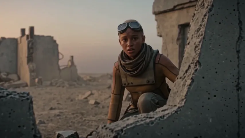 A young woman with goggles and a scarf crouches behind a broken concrete wall in ruins at dusk