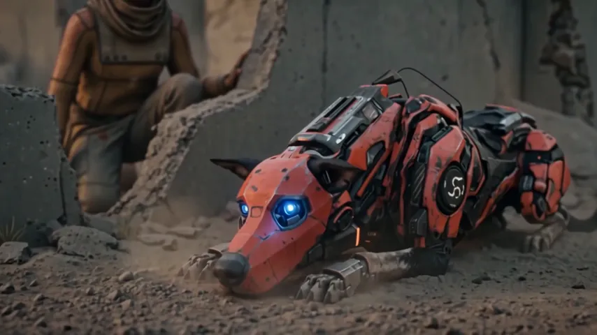 A robot dog in red armour with glowing blue eyes lies in the dust beside a crouching woman