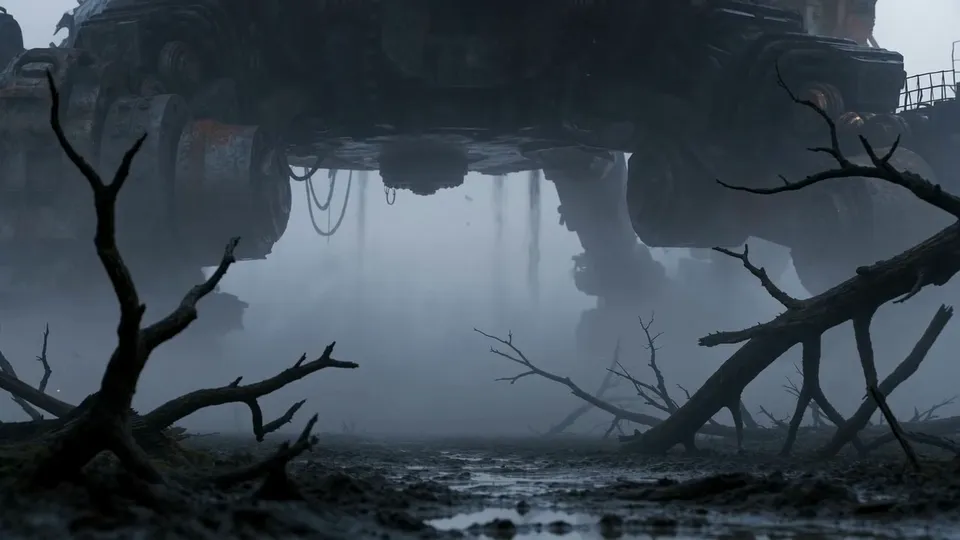 The underside of a giant rusted walking machine above dead trees and muddy water in the fog