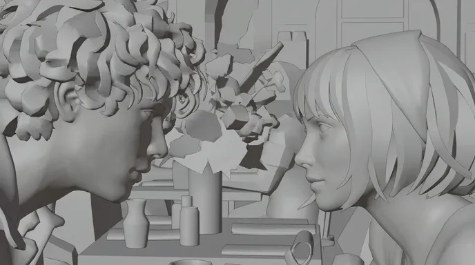 Vignetta grigia di storyboard dell'inquadratura a due stretta