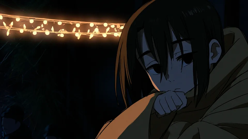 Una ragazza anime avvolta in una coperta marrone seduta di notte sotto una catena di luci calde, il mento sul pugno