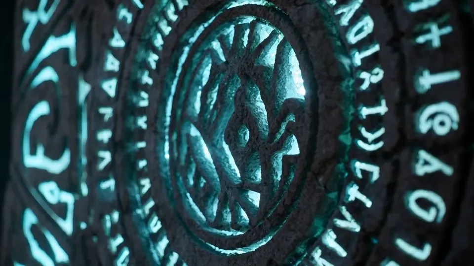 Makroaufnahme eines Steinrings mit eingemeißelten, cyan leuchtenden Glyphen