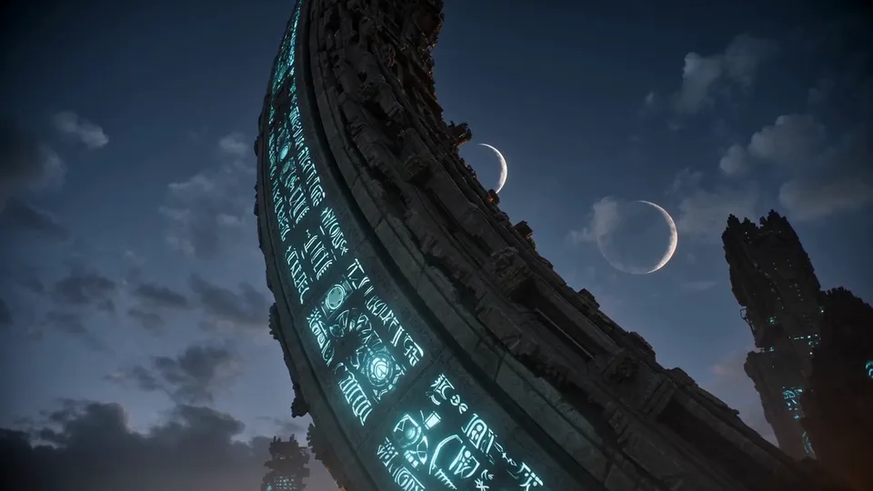 Untersicht auf einen riesigen gekrümmten Steinbogen voller leuchtender Glyphen, dahinter zwei Monde