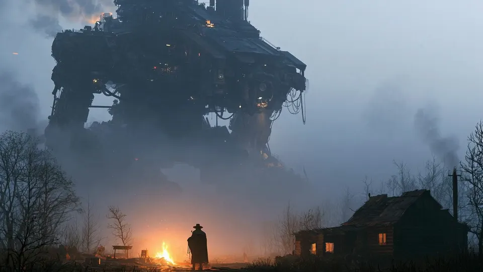 Ein Mann mit breitem Hut an einem Lagerfeuer vor einer Hütte, während im Nebel ein riesiger rostiger Walker aufragt