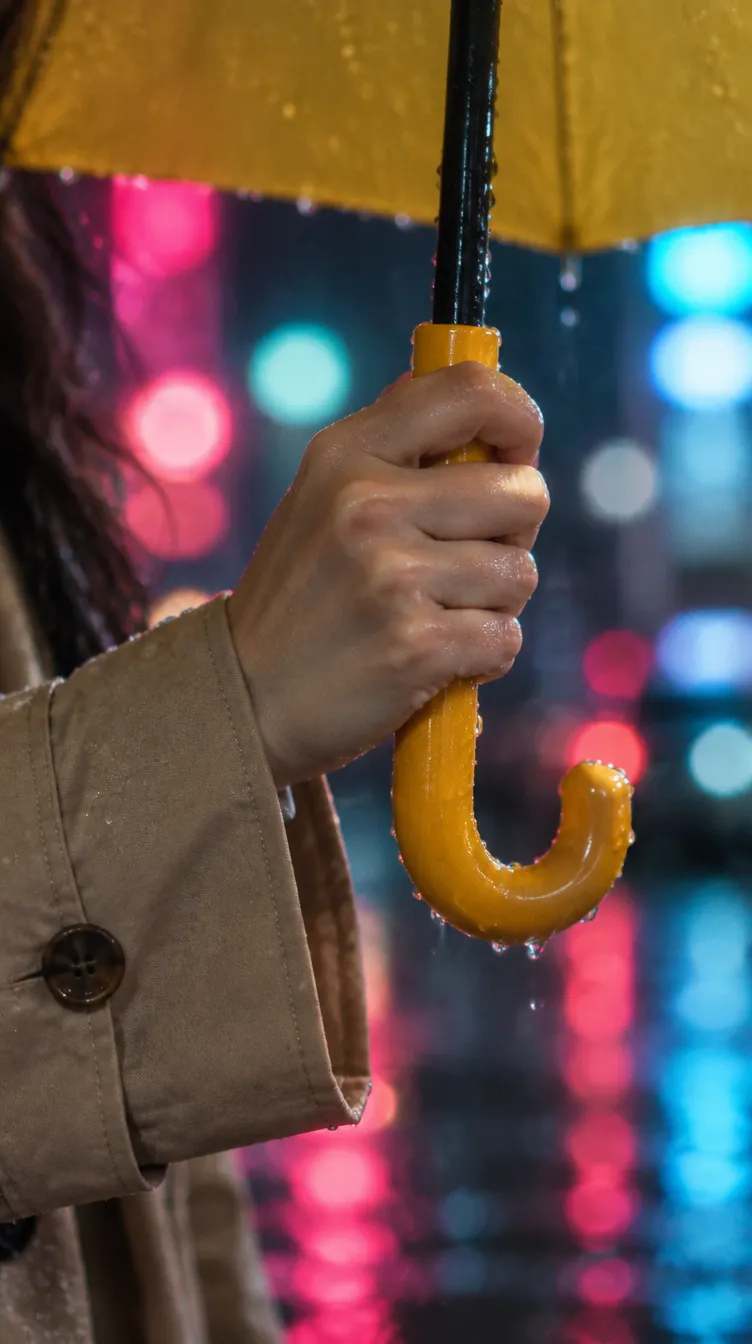 Eine Hand im beigen Trenchcoat-Ärmel umfasst den gebogenen Griff eines gelben Schirms, Regen tropft, rosa und cyanfarbene Lichter dahinter