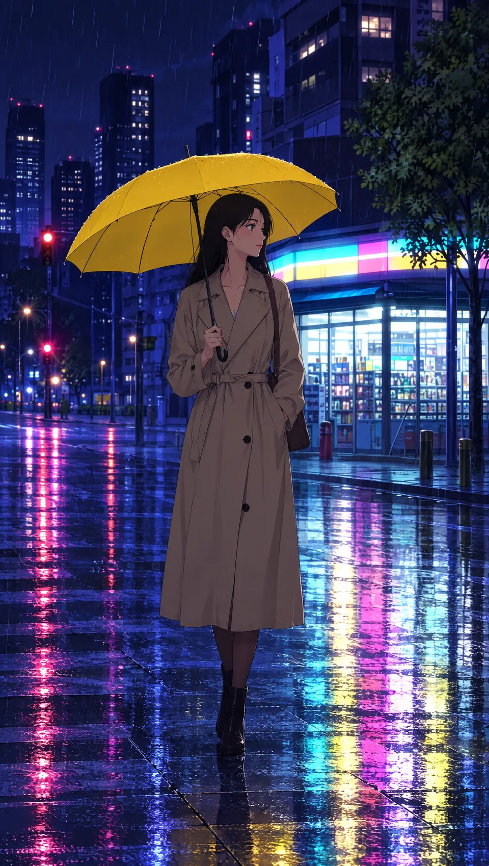 Anime-Key-Art einer jungen Frau in langem beigem Trenchcoat unter einem gelben Schirm in einer verregneten Neonstraße bei Nacht, hinter ihr leuchtet ein 24-Stunden-Laden