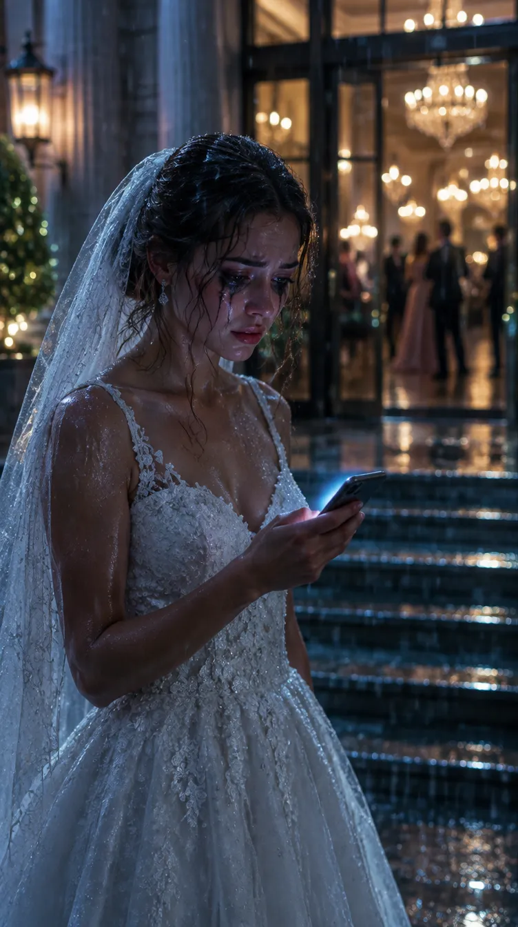 Eine Braut in Spitzenkleid und Schleier, vom Regen durchnässt, weint auf den Stufen vor einem Hotelballsaal voller Gäste und schaut auf ihr Handy