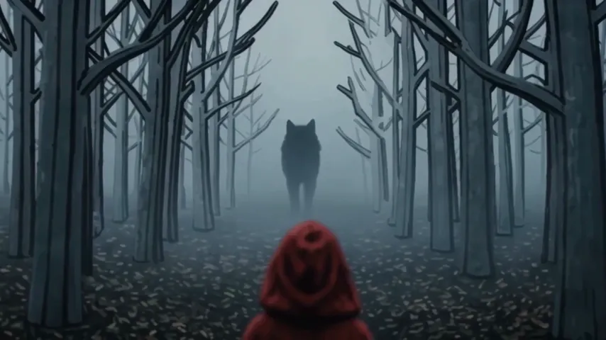 Vista da sopra un cappuccio rosso, la sagoma scura di un lupo aspetta in fondo a un sentiero nel bosco