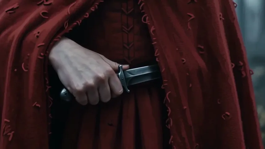 Una mano estrae un coltello da sotto un mantello di lana rossa