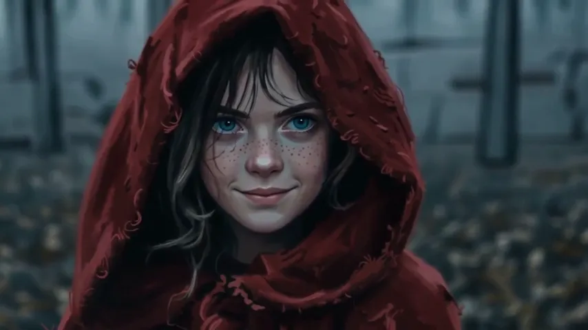 Primo piano di una bambina con le lentiggini e il cappuccio rosso che sorride lentamente