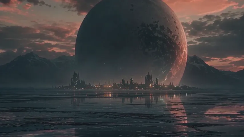 Une planète géante se lève derrière une petite ville illuminée sur une mer gelée, au crépuscule