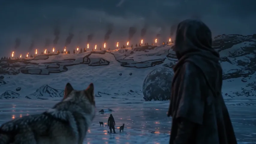 Une femme encapuchonnée et son loup regardent une ligne de torches sur une crête enneigée, la nuit
