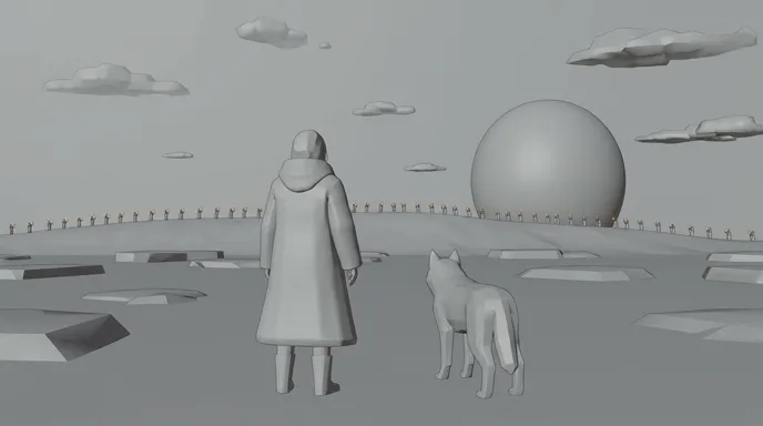 Image de storyboard de la femme et du loup face à la crête, en gris
