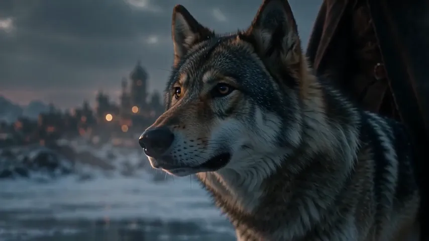 Gros plan d'un loup gris dans la neige, une ville illuminée floue derrière lui