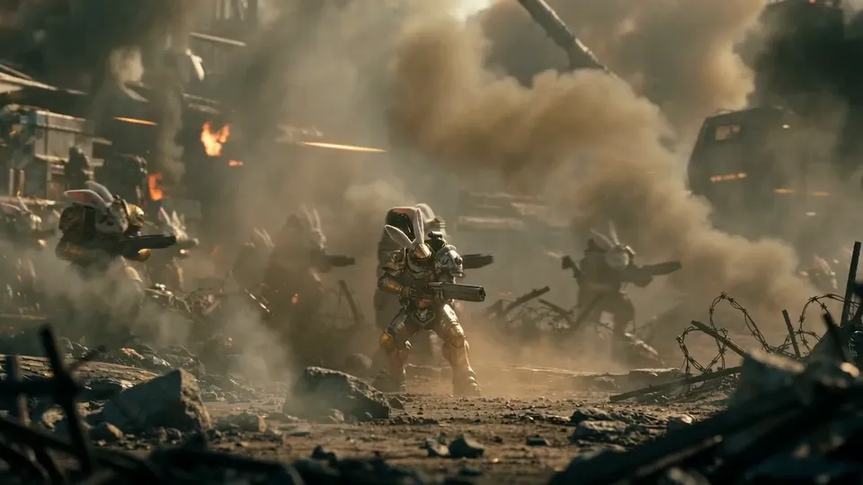 Rabbit soldiers in brass armour advance through smoke and barbed wire on a burning battlefield