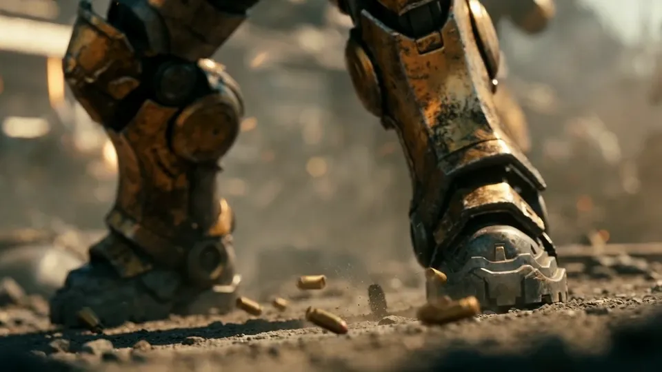 Two brass armoured boots planted in the mud as spent casings fall around them