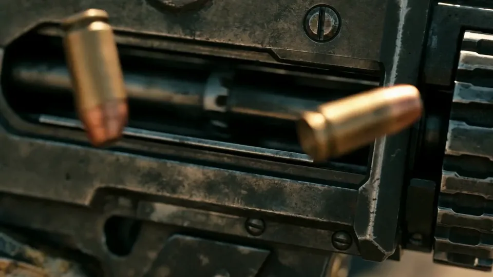 Brass casings flying out of the ejection port of a worn machine gun
