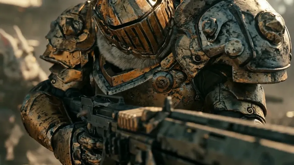 The rabbit gunner kneels in brass armour and aims a heavy gun to the right of the frame