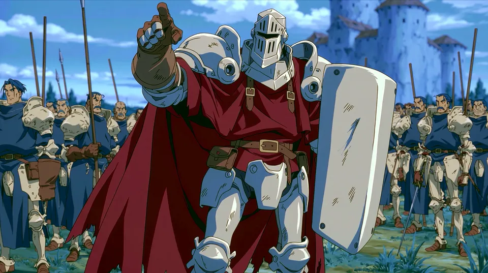 Anime knight in white armour and a red cloak pointing forward, a shield on his arm, pikemen behind him