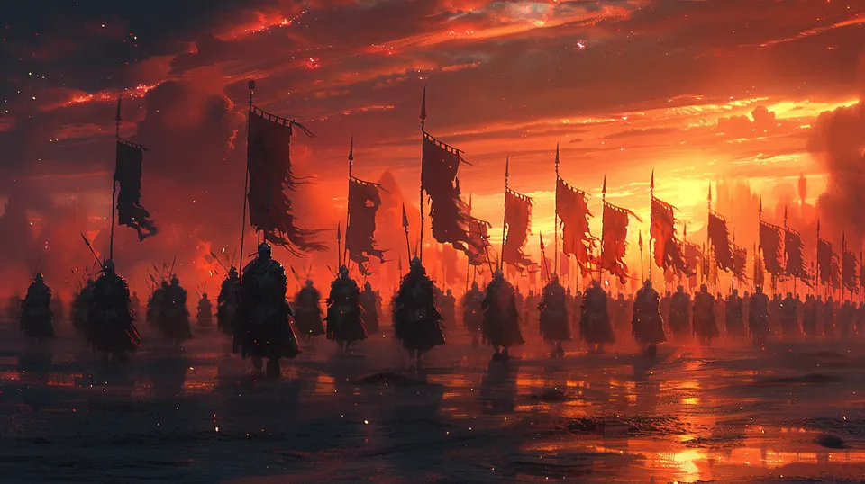 Pixel art of a long column of soldiers carrying tattered banners against a red sunset
