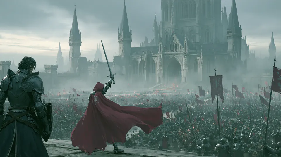 A knight and a figure in a red cloak raise a sword in front of a gothic city, a huge army with banners behind them