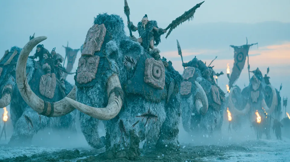 Warriors ride armoured woolly mammoths with banners and torches through a frozen haze