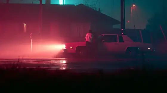 Eine Gestalt neben einem Auto, Scheinwerfer im rosa Nebel bei Nacht