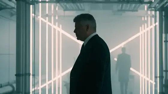 Ein Mann im Anzug in einem Gang aus weißen Neonröhren