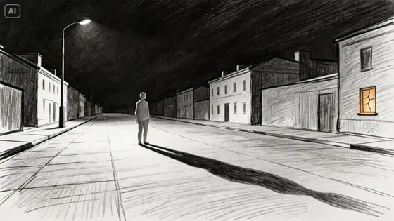 Storyboard-Skizze mit Bleistift: ein Mann allein in einer nächtlichen Straße unter einer Laterne