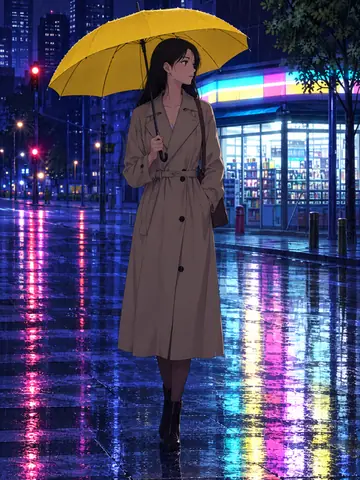 The Yellow Umbrella’nın S3 storyboard karesi: yağmurlu bir sokakta sarı şemsiyeli bir kadın