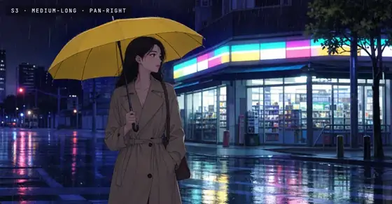 Inquadratura S3: Seo-yeon sotto l'ombrello giallo davanti a un minimarket illuminato al neon, sotto la pioggia