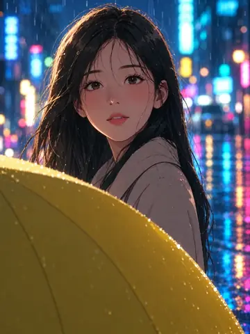 The Yellow Umbrella’nın anime tarzındaki S4 yakın planı: şehir ışıklarında sarı şemsiyesinin altında bir kız
