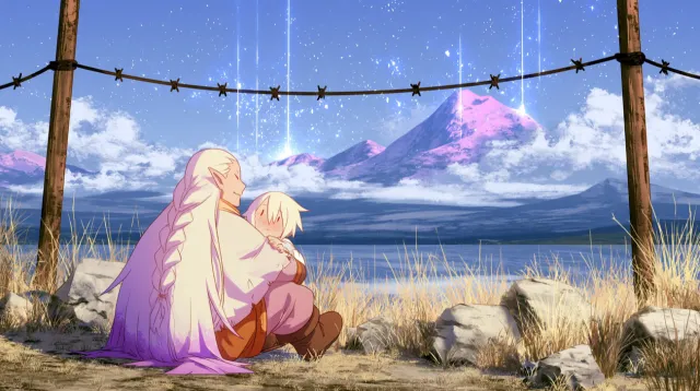 Anime frame in 16:9: two elves sitting before a snowy mountain